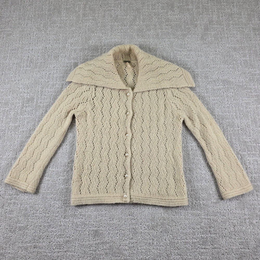 Free People Cream Pointelle Knit Wool Blend Cardigan Oversized Collar Small